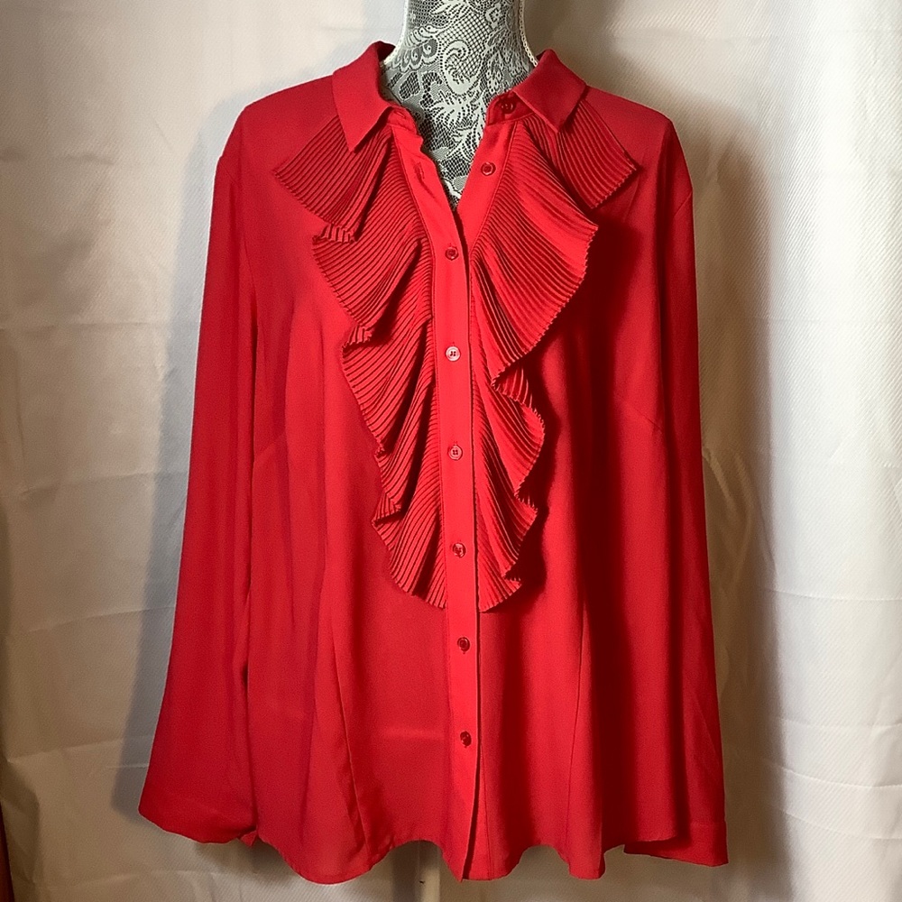 Red Eloquii long sleeve top with ruffle front